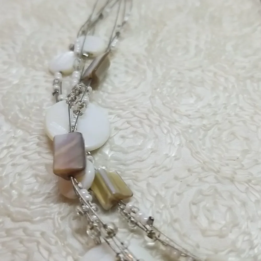 Avenue Necklace Coin Three Tier Wire Shell Coin Beads Silver Necklace